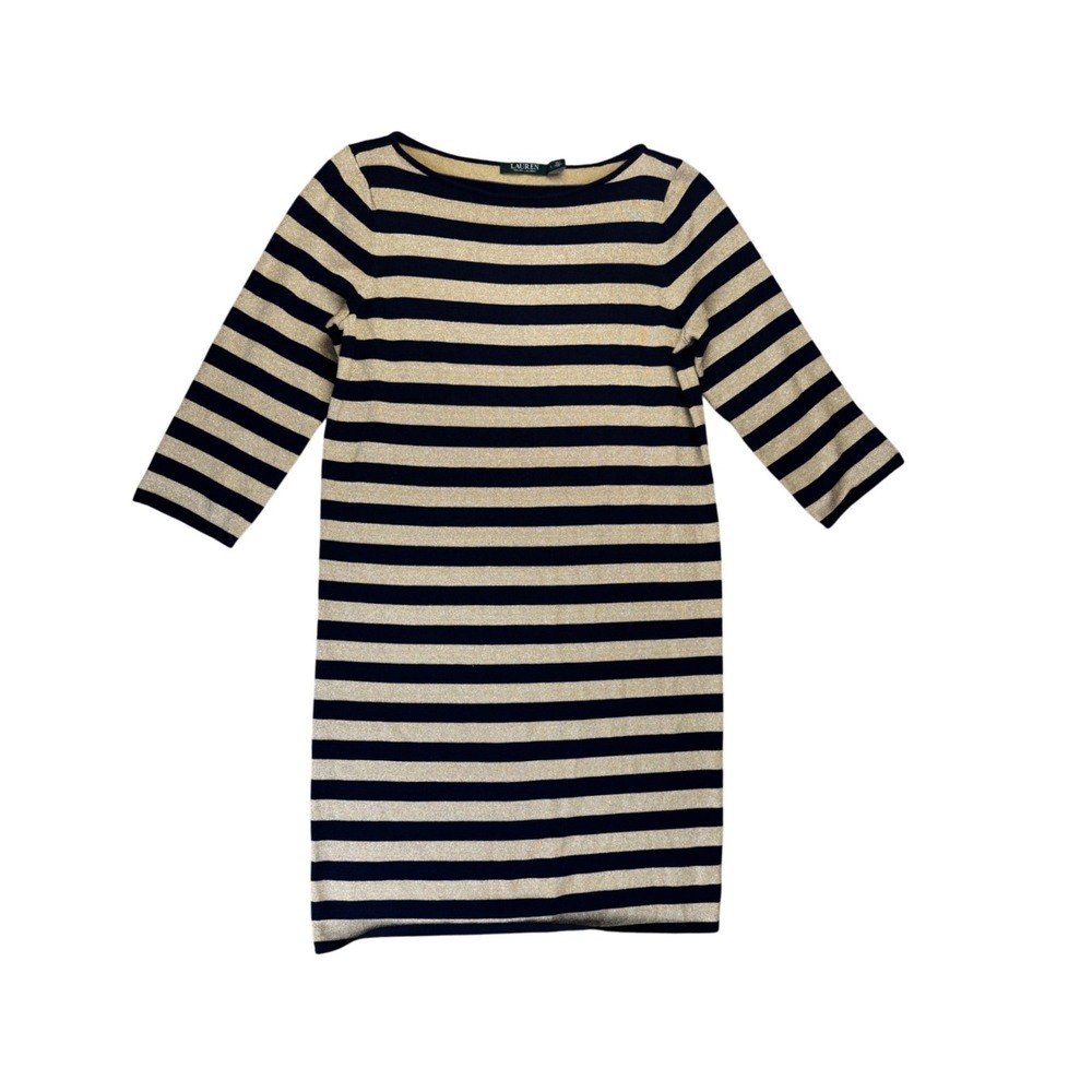 Lauren Ralph Lauren Dress Size Large Navy Gold Metallic Stripe Boat Neck Sweater